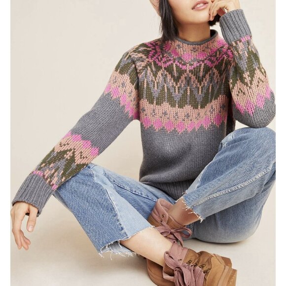 Anthropologie Josephine Mock Neck Sweater Wool Blend Petite XS Italy Gray Pink - Picture 3 of 11
